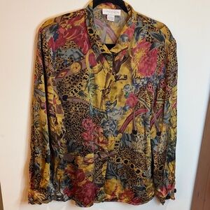 Doncaster Earth-tone 100% Silk Equestrian Blouse, 14 -Maximalism, Eclectic, Boho